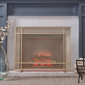 Gulches Modern Single Panel Iron Firescreen, Gold Finish - 1 of 4