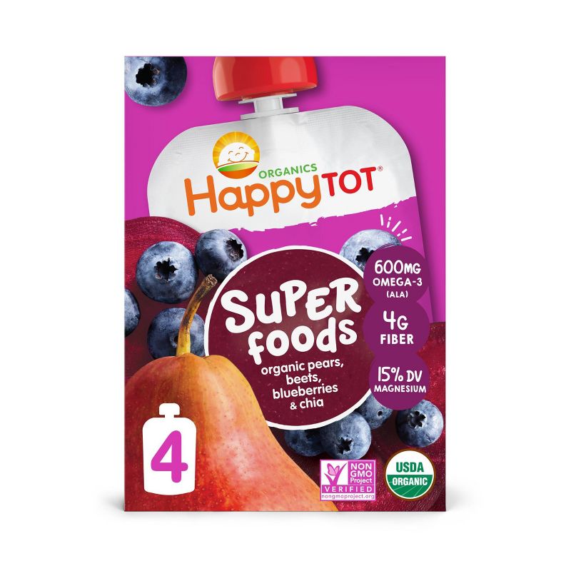 HappyTot Super Foods 4pk Organic Pears Beets Blueberries with Super Chia Baby Food Pouches - 4pk/16.88oz, 1 of 7
