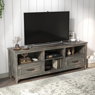 70"W TV Stand, TV Console Cabinet, Entertainment Center with 2 Drawers and 4 Storage Compartments, Black Pine -ModernLuxe