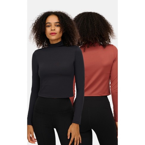 Yogalicious Womens 2 Pack Zenly Evelyn Long Sleeve Mock Neck Crop Top -  Mahogany/black - Large : Target