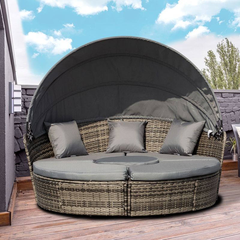Outsunny Round Daybed, 4 pieces Cushioned Outdoor Rattan Wicker Sunbed or Conversational Sofa Set with Sun Canopy, Gray, 3 of 8