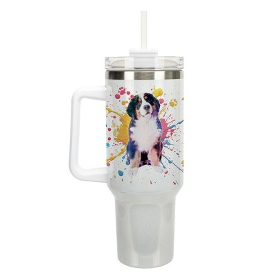 100 North 40 Ounce Stainless Steel Double Wall Insulated Glitter Travel Tumbler With Handle, Straw, and Lid, Bernese Mountain Dog White
