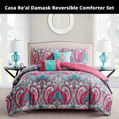 Full Coral Microfiber Reversible Comforter Set with Decorative Pillows