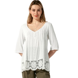 Allegra K Women's Lace Trim Ruched Comfy Summer 1/2 Sleeve V Neck Shirt - 1 of 4
