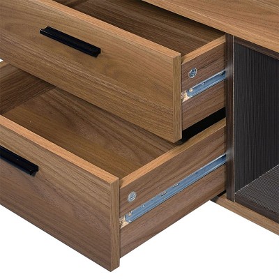 Brown Oak and Black Metal Rectangular Accent Table with Storage