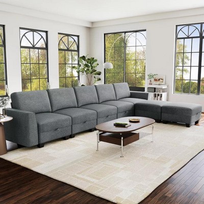 140" Sectional Sofa with Storage, U Shaped Convertible Sofa w/ Ottomans, 7-Seat Modern Convertible L Shaped Couch for Living Room
