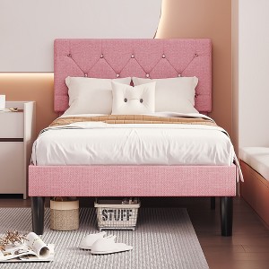 VECELO Queen/Full/Twin Upholstered Platform Bed Frame with Button Tufted Adjustable Headboard - 1 of 4