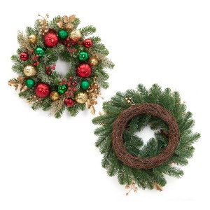 20" Christmas Wreaths for Front Door, Xmas Wreath with Lights,Pine Cones,Christmas Balls,Flowers, Wreath for Wall Fireplace Home Decor Indoor Outdoor - 1 of 4