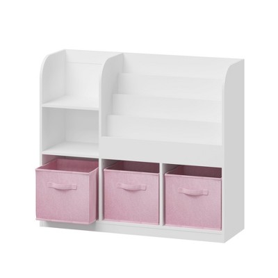 Space-saving toddler bookcase with 3 shelves and fabric bins. Ideal for toy storage & book displays in nurseries, kids' rooms, or play areas.