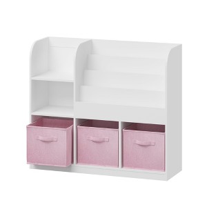 Space-saving toddler bookcase with 3 shelves and fabric bins. Ideal for toy storage & book displays in nurseries, kids' rooms, or play areas. - 1 of 4