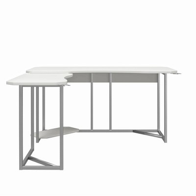 White and Silver L-Shaped Gaming Desk with CPU Stand