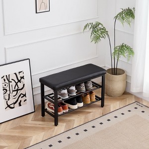 Hrinhom 31.5"W Small 3-Tier Shoe Rack, Shoe Storage Bench with PU Seat Cushion and Metal Mesh Shelves - 1 of 4