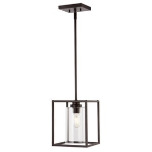 8.13" 1-Light Quinn Industrial Farmhouse Iron/Glass LED Pendant Oil Rubbed Bronze - JONATHAN Y: ETL Listed, Adjustable Height - 1 of 4