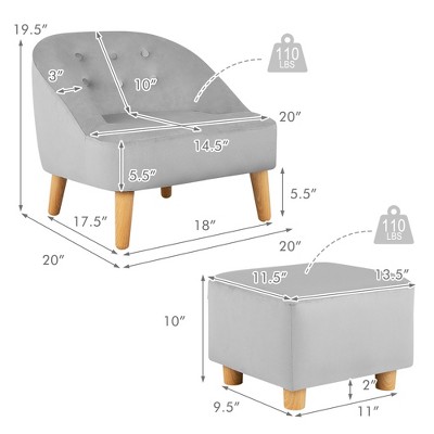 Gray Velvet Kids Barrel Accent Chair with Ottoman