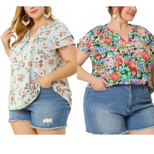 Women's Plus Size 2 Pieces Floral Ruffle Trim Layered Sleeve Notched Neck Button Layered Sleeve Blouses - Agnes Orinda - 1 of 4