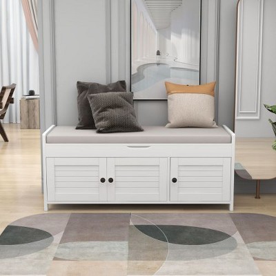 MAXZZZ Storage Bench with 3 Shutter-shaped Doors, Shoe Bench with Removable Cushion and Hidden Storage Space