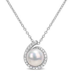 EVERLY JEWELRY | Sterling Silver 8-8.5mm Cultured Freshwater Pearl and Diamond Accent Halo Pendant with Chain, 18" - 1 of 4
