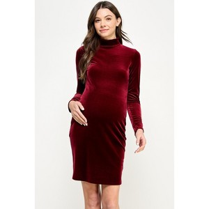 Hello Miz Women's Velvet Long Sleeve Mock Neck Maternity Mini Dress - 1 of 4