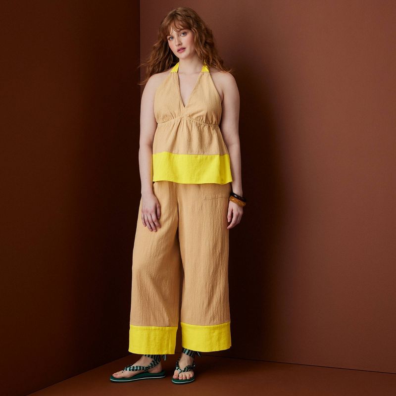 Women's Colorblock Drawstring Wide Leg Pants - Rosie Assoulin x Target Khaki/Yellow XS