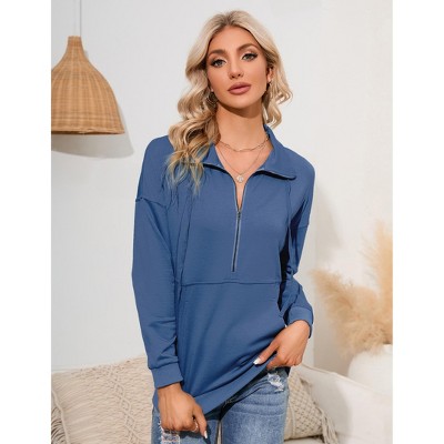 Womens Long Sleeve Zipper  Casual Pullover Tops Drawstring Quarter Zip Hoodie Shirts with Pockets Sweater