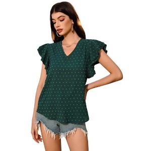Women Tops for Summer Fashion Trendy Cap Sleeve V Neck Swiss Dot Chiffon Blouse Flowy Loose Fitting Teen T-Shirt - 1 of 4