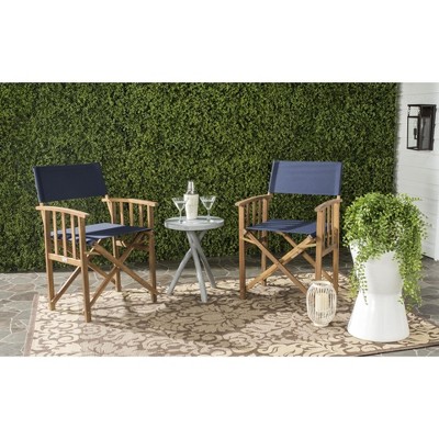 Natural Teak Brown and Navy Acacia Wood Director Arm Chairs, Set of 2