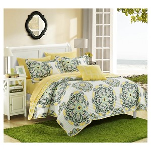 8pc Queen Miranda Printed Medallion Reversible with Geometric Printed Backing Quilt Set Yellow - Chic Home Design, Size: Full/Queen
