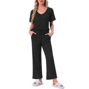 INSPIRE CHIC Womens Lounge Casual Ribbed Knit Short Sleeve Drawstring Pants Pajama Set with Pockets - 1 of 4