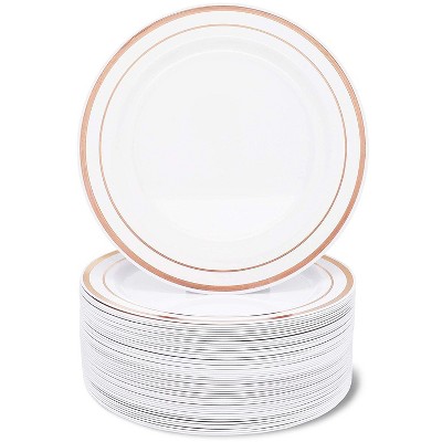 Juvale 50 Pack Disposable Plastic Appetizer or Dessert Plates, White with Rose Gold Rim (7.5 In)