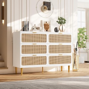 Zstar Bedroom Rattan Six Drawer Dresser, White - 1 of 4