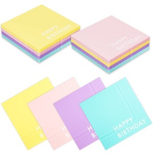 Hachikiko Colorful Happy Birthday Napkins,4-Multicolor Makaron Cocktail Napkins Yellow Pink Purple Blue Paper Napkins - 1 of 4