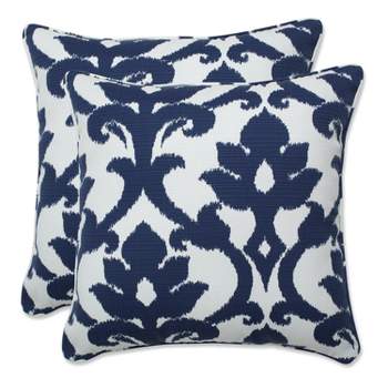 Damask 2pc Outdoor Throw Pillows - Blue/White - Pillow Perfect