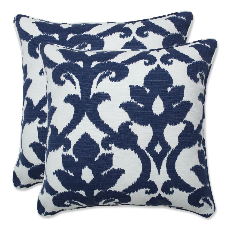 Damask 2pc Outdoor Throw Pillows - Blue/White - Pillow Perfect, 1 of 6