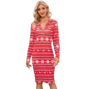 Coolmee Womens Christmas Maxi Dress Casual Quarter-Zip Neck Long Sleeve Slim Fit Pullover Hoodie Wrap Long Dress - 1 of 4