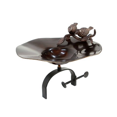 10.75" Antiqued Brass Birdbath with Birds and Over Rail Bracket - Achla Designs