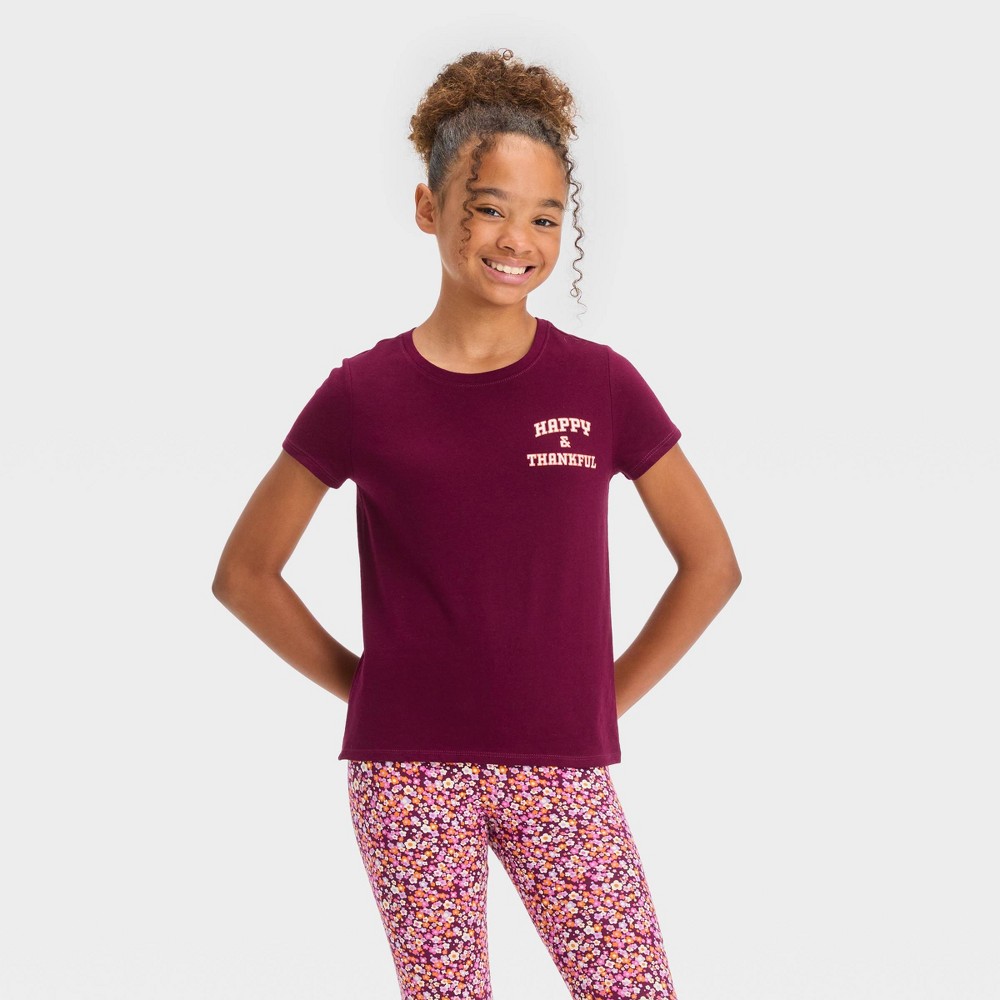 Girls' Short Sleeve 'Happy & Thankful' Graphic T-Shirt - Cat & Jack™ Burgundy Sizes ((3S - 1XS -4 M -3L -1XL ))
