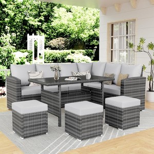 7-Piece Outdoor Patio Furniture Set – Rattan Chairs with Ottoman & Wood Coffee Table, Wicker Sectional Conversation Sofa in Beige - 1 of 4