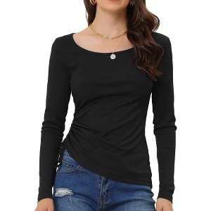 Allegra K Women's Drawstring Ruched Round Neck Long Sleeve Irregular Hem Basic T-shirt - 1 of 4