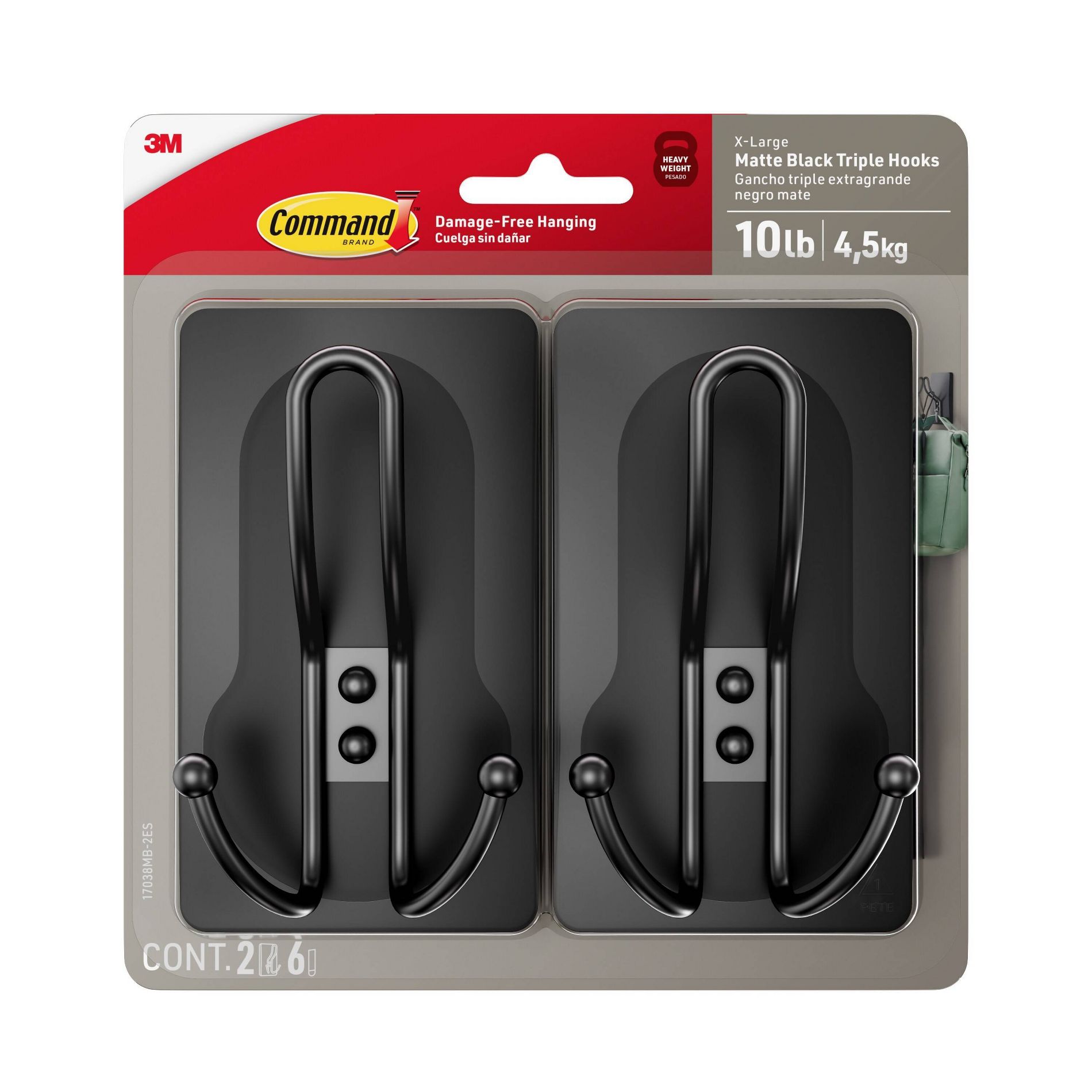 Command 2pk X-Large Matte Black Triple Hook