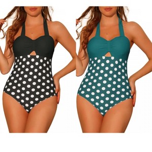 Elerevyo Women's Halterneck Polka Dot Monokini Tummy Control Cut Out String Swimsuit Bathing Suits 2 Sets - 1 of 4