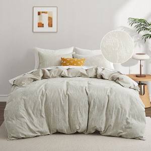 Peace Nest Floral Jacquard Cotton Linen Blend Duvet Cover Set, 3 Piece Bedding Set with Pillow Shams - 1 of 4