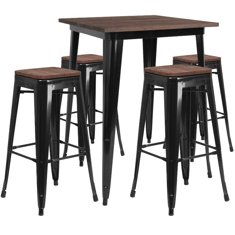 Merrick Lane 5 Piece Bar Table and Stools Set with 31.5" Square Black Metal Table with Wood Top and 4 Matching Bar Stools, 1 of 5