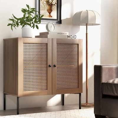 Oak and Rattan Adjustable Shelf Sideboard Cabinet