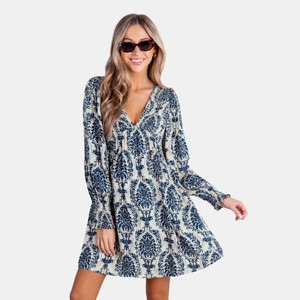 Women's Emerald/Sapphire Damask Print Long Sleeve Mini Swing Dress - Cupshe - 1 of 4