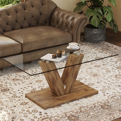 Racxily A modern minimalist style coffee table, Transparent tempered glass tabletop with wooden MDF columns, Suitable for living room and dining room