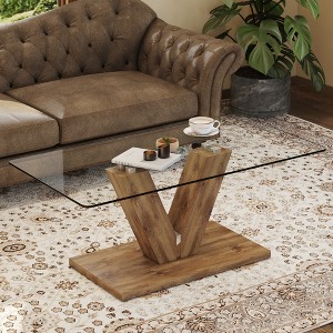 Racxily A modern minimalist style coffee table, Transparent tempered glass tabletop with wooden MDF columns, Suitable for living room and dining room - 1 of 4