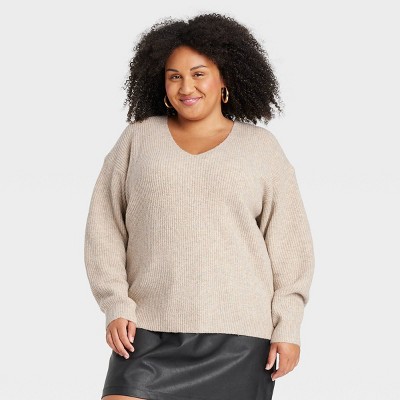 Women's Cozy Knit V-Neck Pullover Sweater - Ava & Viv™ Oatmeal 2X