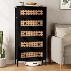 Crestlive Products 5 Drawers Rattan Dresser for Bedroom Storage Tower Tall Fabric  Dresser with Wood Top &Wood Handles Black : Target