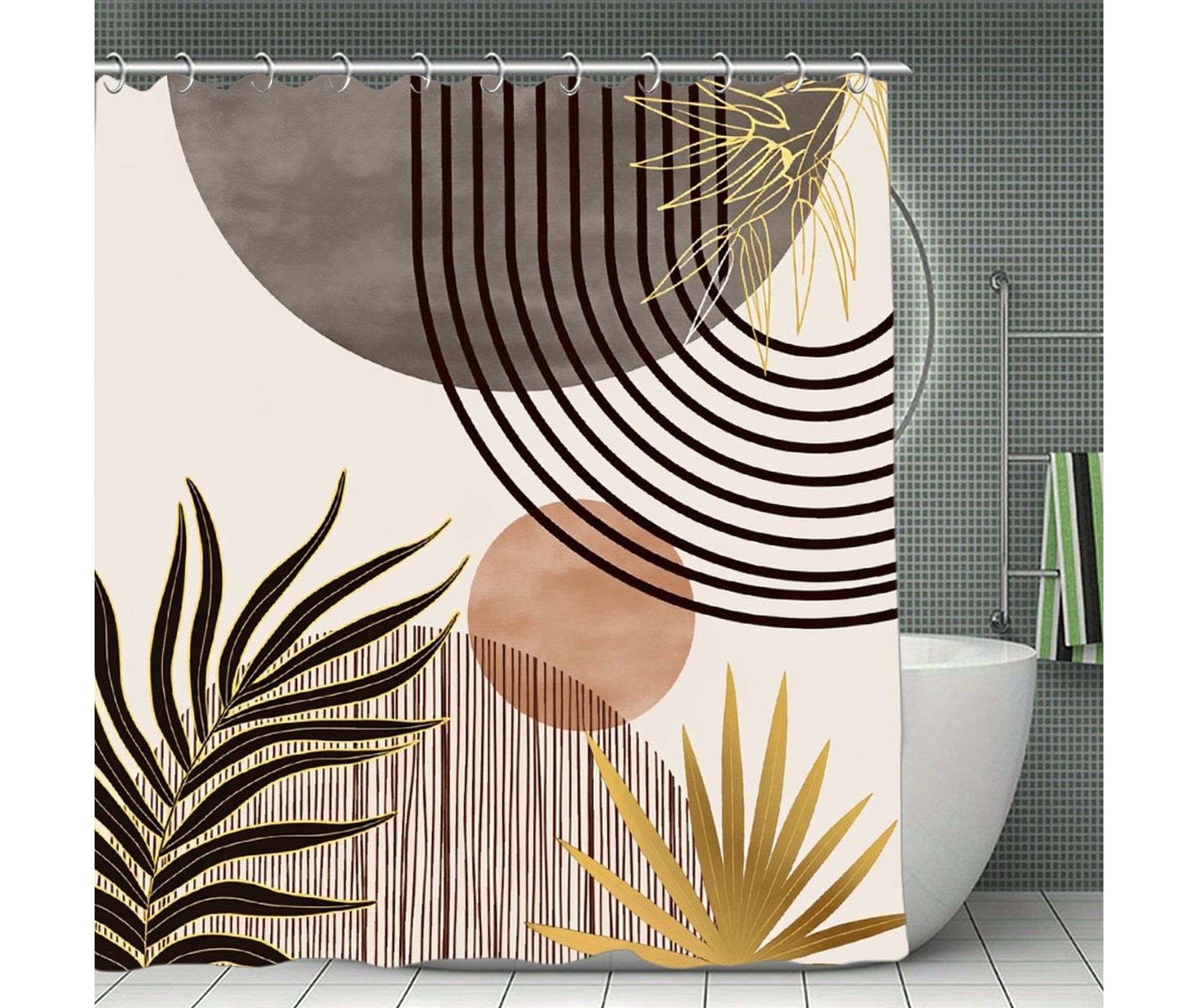 Mid Century Boho Shower Curtain Grey Modern Minimalist Brown Aesthetic Sun Arch Curve Leaves Geometric Neutral Fabric Waterproof 70.8x70.8Inch