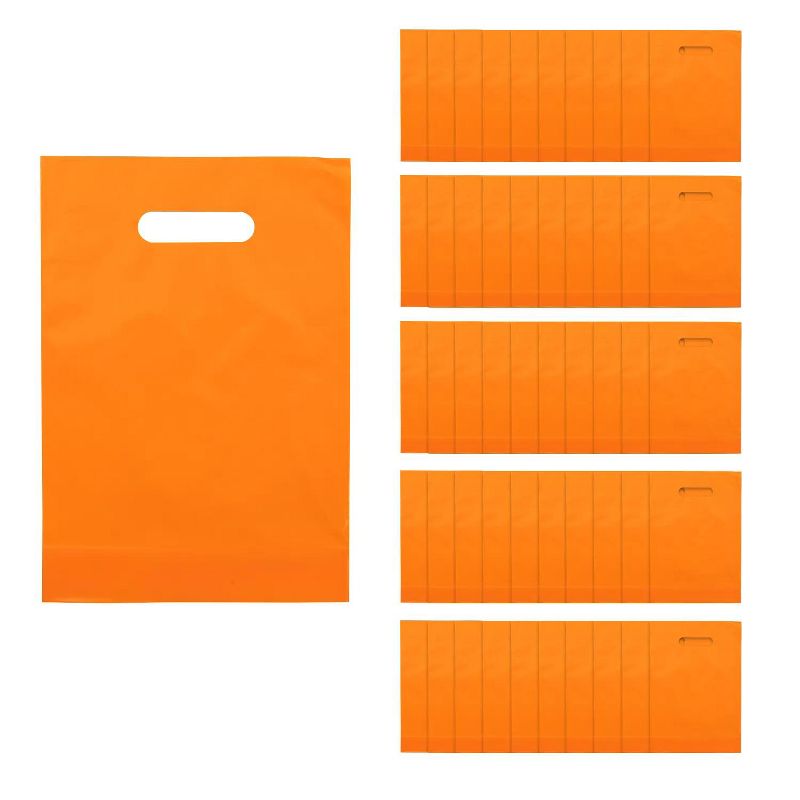 8 1/2" x 12" Bulk 50 Pc. Bright Orange Plastic Goody Bags with Handles